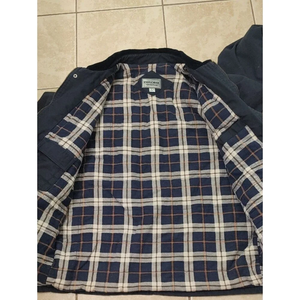 Vintage Navy Blue Barn Coat Flannel Lined Chore Jacket Corduroy Collar Unisex L